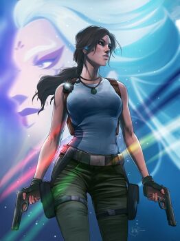 1girl black_gloves breasts brown_eyes brown_hair dual_wielding fingerless_gloves gloves green_pants grey_tank_top gun handgun highres holding holding_gun holding_weapon holster illyne_cosplay jewelry lara_croft long_hair looking_to_the_side medium_breasts necklace pants ponytail signature solo tank_top thigh_holster tomb_raider tomb_raider:_the_legend_of_lara_croft weapon