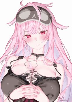 1girl absurdres armpit_crease babydoll black_babydoll black_choker black_mask blush breasts choker cleavage closed_mouth collarbone earrings fingernails highres hololive hololive_english interlocked_fingers jewelry kamiya_maneki large_breasts long_hair mask mask_on_head messy_hair mori_calliope mori_calliope_(sleepwear) nail_polish pink_eyes pink_hair pink_nails skull_choker skull_earrings sleep_mask smile solo virtual_youtuber white_background