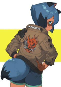 1girl animal_ears ass bike_shorts blue_hair body_fur brand_new_animal brown_jacket commentary_request cosplay cowboy_shot cyberpunk_(series) cyberpunk_2077 from_behind furry furry_female green_eyes hair_between_eyes hands_on_own_hips highres imori_(lizzy) jacket kagemori_michiru looking_at_viewer looking_back multicolored_hair print_jacket profile raccoon_ears raccoon_girl raccoon_tail samurai_jacket_(cyberpunk) short_hair short_shorts shorts smile solo tail v_(cyberpunk) v_(cyberpunk_2077) v_(cyberpunk_2077)_(cosplay) valerie_(cyberpunk)
