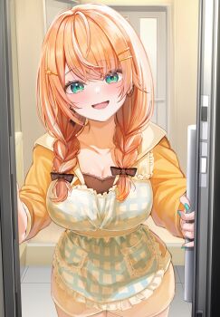Rule 34 | 1girl, :d, absurdres, ahoge, apron, black bow, black camisole, blue eyes, blush, bow, breasts, camisole, cleavage, collarbone, commentary request, cowboy shot, door, door handle, doorway, ear chain, earrings, frilled apron, frills, genkan, green nails, hair bow, hair ornament, hairclip, highres, horo 27, housewife, igarashi rika, jacket, jewelry, large breasts, linked piercing, long hair, long sleeves, looking at viewer, low twintails, multicolored hair, nijisanji, open door, open mouth, opening door, orange hair, orange jacket, parallel hairclips, piercing, pov doorway, shorts, smile, standing, star (symbol), star hair ornament, streaked hair, tile floor, tiles, twintails, virtual youtuber, white hair, yellow shorts