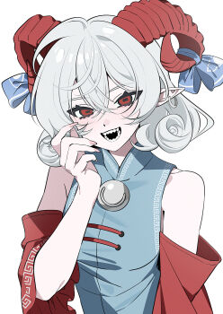 1girl :d absurdres ahoge bare_shoulders bell_sleeves blue_bow bow crossed_bangs curled_horns curly_hair detached_sleeves double-parted_bangs earrings fingernails flipped_bangs hair_between_eyes hand_up highres hoop_earrings horizontal_pupils horn_bow horn_ornament horns inward_flipped_hair jewelry kiliko-san light_blush long_fingernails looking_at_viewer mandarin_collar meandros meandros_print open_mouth patterned_clothing pointy_ears rectangular_pupils red_eyes red_horns red_sleeves sharp_fingernails sharp_teeth sheep_horns shirt short_hair simple_background sleeveless sleeveless_shirt smile solo teeth three-quarter_sleeves touhou toutetsu_yuuma upper_body white_background white_hair wide_sleeves