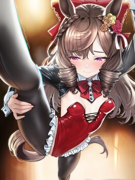 1girl absurdres alternate_costume animal_ears arm_up asdkd123 averting_eyes black_shrug black_thighhighs blush bow braid breasts brown_hair closed_mouth daiichi_ruby_(umamusume) drill_hair flower frilled_thighhighs frills hair_bow hair_flower hair_ornament highres holding_own_leg horse_ears horse_girl horse_tail leotard long_hair purple_eyes red_bow red_flower red_leotard shrug_(clothing) small_breasts solo split standing standing_on_one_leg standing_split tail thighhighs twin_drills umamusume yellow_flower