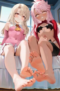 2girls absurdres bare_legs bare_shoulders barefoot black_panties black_shorts blonde_hair blush breasts chloe_von_einzbern chloe_von_einzbern_(archer_install) covered_navel dark-skinned_female dark_skin detached_sleeves fate/grand_order fate/kaleid_liner_prisma_illya fate_(series) feet foot_focus hair_between_eyes hair_bun half_updo highres illyasviel_von_einzbern indoors long_hair long_sleeves looking_at_viewer multiple_girls nail_polish navel on_bed panties parted_bangs pink_hair pink_shirt pink_sleeves prisma_illya radoremo red_nails red_shrug shirt shorts shrug_(clothing) skirt sleeveless sleeveless_shirt small_breasts smile soles stomach stomach_tattoo tattoo toenail_polish toenails toes underwear white_hair white_skirt yellow_eyes