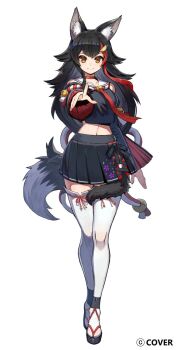 1girl animal_ears bell black_hair black_serafuku black_shirt black_skirt black_sleeves closed_mouth commentary_request copyright_notice cropped_shirt detached_sleeves double-parted_bangs flipped_hair floral_print floral_print_skirt full_body hair_ornament hairclip highres hololive jingle_bell kouhaku_nawa kuroi_susumu long_hair low-tied_long_hair midriff miniskirt multicolored_hair navel necktie official_art ookami_mio ookami_mio_(1st_costume) pleated_skirt print_skirt red_hair red_necktie rope sailor_collar sandals school_uniform serafuku shimenawa shirt sidelocks simple_background skirt sleeveless sleeveless_shirt smile solo spiked_hair streaked_hair tabi tachi-e tail tail_around_own_leg thighhighs very_long_hair virtual_youtuber white_background white_hair white_sailor_collar white_thighhighs wolf_ears wolf_girl wolf_tail yellow_eyes zouri