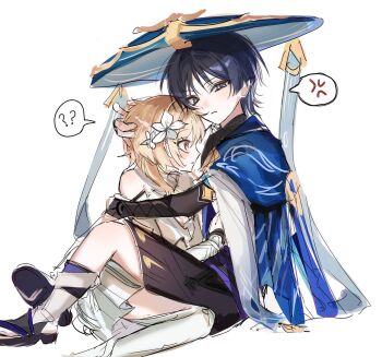 1boy 1girl ? anger_vein armor belt black_belt black_bridal_gauntlets black_hair black_sandals black_shorts blonde_hair blue_cape blue_flower blue_hat blue_sleeves blue_trim blunt_ends blush bridal_gauntlets cape closed_mouth detached_sleeves dress eyelashes eyeliner flower furisode genshin_impact gold grey_eyes hair_flower hair_intakes hair_ornament hand_on_another's_back hand_on_another's_head hat hetero highres japanese_armor japanese_clothes jingasa kimono kote kurokote layered_sleeves leg_lock leg_warmers looking_at_another looking_at_viewer lumine_(genshin_impact) makeup multicolored_flower possessive purple_rope purple_sash red_eyeliner rope sandals sash scaramouche_(genshin_impact) scarf short_hair short_hair_with_long_locks short_sleeves shorts sidelocks sitting sketch spoken_anger_vein spoken_question_mark stirrup_legwear thighhighs tmzkfkdwk toeless_legwear tsurime vambraces wanderer_(genshin_impact) white_dress white_flower white_leg_warmers white_scarf white_sleeves white_thighhighs white_trim wispy_bangs yellow_eyes zouri