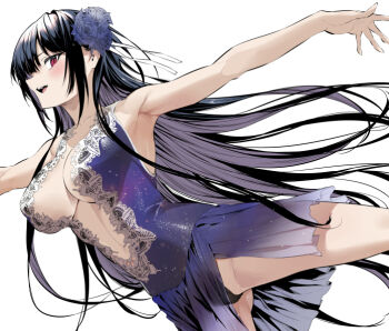 1girl armpits ballerina bare_arms bare_shoulders black_hair black_panties blush breasts colored_inner_hair commentary_request hair_ornament haite_kudasai_takamine-san hiiragi_yuuichi large_breasts long_hair looking_at_viewer multicolored_hair outstretched_arms panties purple_hair red_eyes simple_background smile solo takamine_takane thighs two-tone_hair underwear white_background
