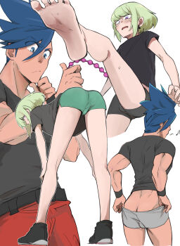 2boys anal_beads ass ass_focus aus_vaka barefoot bent_over black_footwear black_shirt blue_eyes blue_hair butt_crack earrings feet galo_thymos green_hair green_shorts grey_shorts highres jewelry lio_fotia male_focus mohawk multiple_boys multiple_views pants promare red_pants sex_toy shirt short_shorts shorts standing t-shirt whistling white_background yaoi