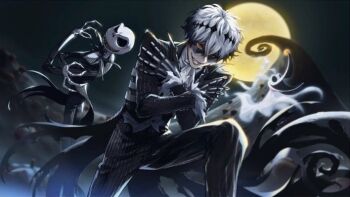 3boys aogiyuki artist_request black_crown check_artist crown diamond_hairband formal_clothes jack_skellington jacket long_sleeves looking_at_viewer male_focus multiple_boys official_art pinstripe_pattern pinstripe_suit short_hair skully_j._graves smile striped_clothes striped_jacket suit sunglasses the_nightmare_before_christmas twisted_wonderland vest white_hair zero_(nbc)
