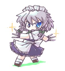 Rule 34 | 1girl, aokukou, blue dress, bow, braid, brown footwear, chibi, commentary request, dress, frilled dress, frills, glint, green bow, grey hair, hair bow, izayoi sakuya, lowres, maid headdress, medium hair, puffy short sleeves, puffy sleeves, shirt, short sleeves, simple background, socks, solo, touhou, white background, white shirt, white socks