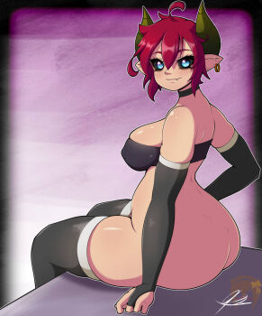 1girl ahoge ass black_gloves black_sclera black_tube_top blue_eyes bottomless breasts colored_sclera crop_top demon_girl demon_horns earrings elbow_gloves fang from_behind gloves horns jewelry logo looking_at_viewer looking_back no_panties original partially_fingerless_gloves plump pointy_ears quote-j red_hair sharp_teeth short_hair sitting smile solo strapless teeth thighhighs tube_top yuka_(quote-j)