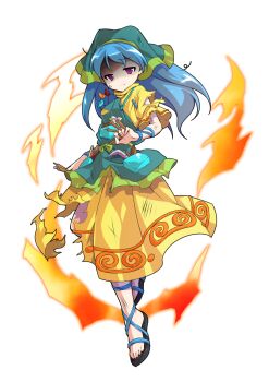 1girl alphes_(style) apron aqua_apron arm_ribbon between_fingers blue_hair blue_ribbon chisel commentary_request dairi dress fire full_body green_headscarf haniyasushin_keiki headscarf highres holding jewelry large_variant_set long_hair magatama magatama_necklace necklace parody pocket puffy_short_sleeves puffy_sleeves ribbon sandals shaded_face short_sleeves solo style_parody tachi-e tools torn_clothes torn_dress touhou transparent_background variant_set wood_carving_tool yellow_dress