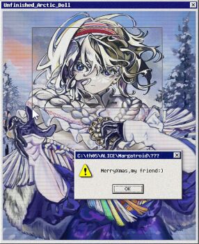 1girl absurdres adapted_costume aks_hongbai_heihuang alice_margatroid black_gloves blonde_hair blue_dress blue_eyes border christmas cloud cloudy_sky cursor dress embellished_costume english_text expressionless film_grain frills fringe-trimmed_capelet fringe_trim fur_trim gloves hairband hands_up hashtag-only_commentary highres looking_at_viewer merry_christmas microsoft_windows outdoors pine_tree short_hair sky snow solo touhou tree upper_body user_interface wind window_(computing) windows_classic winter_clothes