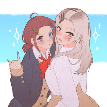 2girls ahoge bangs_pinned_back blue_eyes blue_jacket blue_nails bow bowtie brown_cardigan brown_hair cardigan cardigan_around_waist clothes_around_waist commentary daejigogibg dress_shirt ear_piercing earrings girls_band_cry grey_eyes grey_hair gyaru hair_ornament hairclip hashtag-only_commentary highres iseri_nina jacket jewelry kawaragi_momoka long_hair low_twintails multicolored_hair multiple_girls nail_polish open_mouth piercing pinky_out red_bow red_bowtie roots_(hair) shirt short_hair short_twintails stud_earrings teeth twintails white_shirt yellow_nails