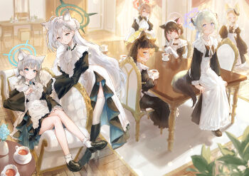 6+girls absurdres alternate_costume animal_ear_fluff animal_ears apron ascot bird bird_on_hand black_dress black_hair black_shoes blonde_hair blue_archive blue_eyes blue_halo boots breasts brown_hair cat_ears cat_girl chair colored_inner_hair commentary_request cross_hair_ornament cup curtains dress elbow_gloves enmaided eshineko fox_ears fox_girl frilled_apron frills gloves green_hair green_halo grey_hair hair_between_eyes hair_ornament hairclip halo highres indoors juliet_sleeves kazusa_(blue_archive) long-tailed_tit long_hair long_sleeves looking_at_viewer maid maid_apron maid_headdress mari_(blue_archive) medium_hair mismatched_pupils multicolored_hair multiple_girls orange_hair parted_lips pink_halo plant puffy_sleeves purple_eyes red_eyes red_halo rumi_(blue_archive) seia_(blue_archive) shigure_(blue_archive) shiroko_(blue_archive) shiroko_terror_(blue_archive) shoes sitting sleeves_past_fingers sleeves_past_wrists smile socks standing stirring table tail teacup thigh_boots thighhighs tit_(bird) very_long_hair weasel_ears weasel_girl weasel_tail white_apron white_ascot white_socks white_thighhighs wolf_ears yellow_halo