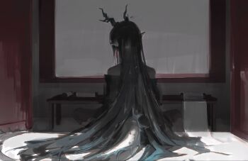 Rule 34 | 1girl, aqua hair, aqua horns, arknights, bare shoulders, black hair, black horns, butterfly sitting, commentary, dragon girl, dragon horns, dragon tail, dusk (arknights), earrings, from behind, full-body tattoo, highres, horns, jewelry, long hair, making-of available, multicolored hair, multicolored horns, off shoulder, on floor, phyriaxi, pointy ears, sitting, solo, table, tail, tattoo, two-tone hair, two-tone horns, very long hair