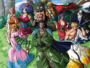 3girls 5boys abs bbdbg03 beard belo_betty black_hair blonde_hair blue_eyes bob_cut breasts chonmage cleavage commentary crown emporio_ivankov facial_hair facial_tattoo feather_cape fishnet_fabric flag french_commentary green_kimono green_sash haori highres holding holding_flag holding_smoking_pipe inazuma_(one_piece) japanese_clothes karasu_(one_piece) kimono koala_(one_piece) large_breasts lindbergh_(one_piece) makeup male_focus mask monkey_d._dragon morley_(one_piece) mouth_mask multicolored_hair multiple_boys multiple_girls muscular obi one_piece orange_hair pink_kimono purple_hair sabo_(one_piece) sash scar scar_on_face short_kimono signature smile smoking_pipe sunglasses tattoo topknot two-tone_hair white_hair wide_sleeves wind