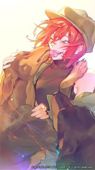 1girl animal black_shirt blue_eyes character_request copyright_notice dobermann dog hair_between_eyes happy highres licking licking_another&#039;s_face lord_of_dice one_eye_closed open_mouth petting red_hair shirt short_hair simple_background solo striped_hat uoongpig