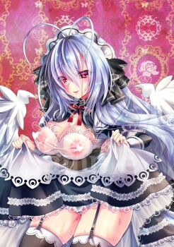 1girl antenna_hair belt_collar black_dress black_ribbon black_thighhighs blush breasts brown_corset censored cleavage cleavage_cutout clothes_lift clothing_cutout collar corset dress dress_lift emil_chronicle_online garter_straps hair_ribbon heart heart_censor large_breasts lizrin long_hair maid maid_headdress mitama_kyrie neck_ribbon panties pink_background pussy_juice red_eyes red_ribbon ribbon sample_watermark see-through_clothes see-through_dress solo thighhighs thighs underwear watermark white_dress white_hair white_panties white_wings wings