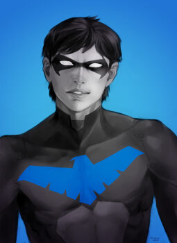 1boy batman_(series) black_hair blue_background blue_theme body_armor bodysuit dc_comics dick_grayson domino_mask emblem eye_mask looking_at_viewer male_focus mask nightwing parted_lips short_hair solo spot_color young_justice:_invasion