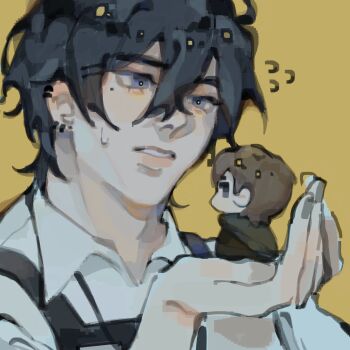 2boys 33yun black_hair blue_eyes brown_hair collared_shirt ear_piercing highres holding_chibi lee_yeo-woon lips looking_to_the_side male_focus multiple_boys piercing portrait shirt short_hair simple_background sweat sweatdrop teeth the_guild_member_next_door white_shirt yellow_background yoon_ji-gu