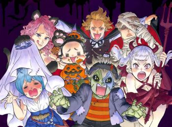 Rule 34 | 3boys, 4girls, animal ears, asta (black clover), black clover, black headband, black jacket, blue hair, brown hair, cat ears, charmy pappitson, commentary, demon horns, english commentary, finral roulacase, gauche adlai, ghost costume, grey (black clover), grey hair, halloween costume, headband, horns, jacket, licking lips, long hair, multiple boys, multiple girls, mummy costume, noelle silva, official alternate costume, official art, open clothes, open jacket, open mouth, orange shirt, pink hair, purple eyes, red shirt, shirt, short hair, striped clothes, striped shirt, tabata yuuki, teeth, tongue, tongue out, two-tone shirt, upper teeth only, vanessa enoteca