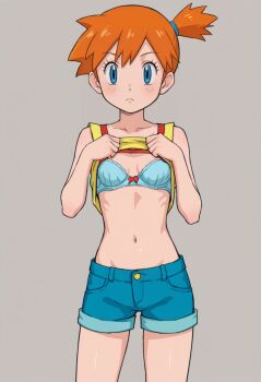1girl ai-generated aqua_bra bare_arms blue_bra blue_eyes blue_shorts blush bow bow_bra bra breasts closed_mouth clothes_lift collarbone cowboy_shot denim denim_shorts eyelashes freckles frown green_bra green_shorts grey_background hair_tie hands_up lifting_own_clothes looking_at_viewer misty_(pokemon) navel nintendo orange_hair pokemon pokemon_(anime) pokemon_(classic_anime) pokemon_rgby ponytail ribs shiny_skin shirt shirt_lift short_hair short_shorts shorts side_ponytail simple_background sleeveless sleeveless_shirt small_breasts solo standing stomach tank_top underwear vynx yellow_shirt