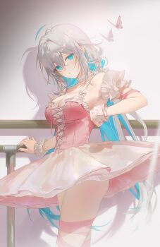 Rule 34 | 1girl, ahoge, ballerina, barre, bead bracelet, beads, blue eyes, blue hair, bracelet, breasts, bug, butterfly, colored inner hair, commentary, cowboy shot, cross-laced clothes, crossed bangs, double-parted bangs, frilled wristband, grey hair, hair between eyes, hair ribbon, highres, insect, jewelry, large breasts, long hair, looking at viewer, multicolored hair, nail polish, naru 0, original, parted lips, pink nails, ribbon, shadow, signature, solo, standing, symbol-only commentary, tutu, two-tone hair, very long hair