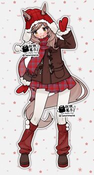 alternate_costume animal_ears blush brown_eyes brown_hair commentary_request commission full_body hair_between_eyes hair_ornament hat highres horse_ears horse_tail looking_at_viewer matikanetannhauser_(umamusume) mittens open_mouth saramiao-chan scarf shoes simple_background tail twitter_username umamusume white_background winter_clothes