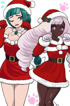 Rule 34 | 2girls, bare legs, blunt bangs, bow, bowtie, braid, braided ponytail, capelet, commentary request, dark-skinned female, dark skin, dress, elbow gloves, flying sweatdrops, fur-trimmed capelet, fur-trimmed dress, fur-trimmed gloves, fur trim, gloves, green hair, hat, highres, jacinthe (pokemon), lebanne (pokemon), long braid, long hair, long sleeves, low drills, mega stone, mistletoe hair ornament, multiple girls, nintendo, one eye closed, open mouth, pokemon, pokemon legends: z-a, purple eyes, purple gloves, purple hair, raised eyebrows, red capelet, red dress, red gloves, santa costume, santa dress, santa hat, smile, strapless, strapless dress, tongue, tongue out, tsurime, very dark skin, white bow, white bowtie, white trim, wjuosrbt8w59142