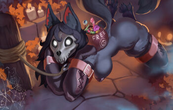 1girl animal_ears animal_skull bitchsuit black_fur black_hair blank_eyes candle furry furry_female halloween highres jack-o&#039;-lantern leash looking_at_viewer miclbero scp-1471 scp_foundation silk solo spider_web tail