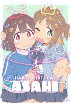 Rule 34 | 2girls, ;d, alternate costume, artist name, black bow, black bowtie, black skirt, blue hair, blunt bangs, blush, bow, bowtie, brown eyes, brown hair, character name, colored inner hair, commentary, double-parted bangs, drawn crown, fish hair ornament, green background, green eyes, gyaru w, hair intakes, hair ornament, hairclip, hand on another's head, happy birthday, heart, highres, hozuki momiji, long sleeves, looking at viewer, matado (almukha), miniskirt, multicolored hair, multiple girls, oka asahi, one eye closed, onii-chan wa oshimai!, open mouth, orange hair, purikura, short hair, simple background, skirt, smile, star-shaped pupils, star (symbol), symbol-shaped pupils, twitter username, two-tone hair, two side up, w, wavy mouth