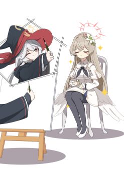 2girls ;) black_hat black_pantyhose blue_archive blush_stickers braid brown_eyes brown_hair cake chair closed_eyes closed_mouth commentary_request crossed_bangs crown_braid dress eri_(blue_archive) feathered_wings flower food full_body grey_hair hair_between_eyes hair_flower hair_intakes hair_ornament halo hat hat_ribbon high_heels highres holding holding_pen holding_plate leaf_hair_ornament legs_together long_hair long_sleeves looking_at_another low_ponytail low_wings medium_dress modeling multiple_girls nagisa_(blue_archive) on_chair one_eye_closed pantyhose pen pink_flower pink_halo plate ponytail puffy_long_sleeves puffy_sleeves red_ribbon ribbon sailor_collar school_uniform serafuku shippow shoes simple_background sitting smile sparkle split_mouth spoken_character straight_hair swiss_roll thumbs_up v-shaped_eyebrows very_long_hair white_background white_dress white_flower white_sailor_collar white_shoes white_wings wide_sleeves wings witch_hat yellow_halo