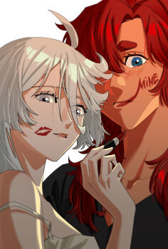 2girls absurdres black_shirt blue_eyes camisole closed_mouth commentary dark-skinned_female dark_skin english_text grey_eyes gundam gundam_suisei_no_majo highres lipstick_mark lipstick_mark_on_face lipstick_writing long_hair looking_at_viewer miorine_rembran multiple_girls parted_lips red_hair shirt simple_background smile snapagi suletta_mercury symbol-only_commentary thick_eyebrows thigh_strap white_background white_camisole white_hair yuri