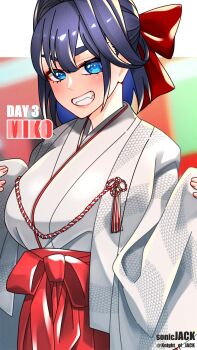 1girl blue_eyes blue_hair blush bow hair_bow hair_intakes hakama highres hololive hololive_english japanese_clothes kimono knight_of_jack kosode miko ouro_kronii red_hakama short_hair smile solo virtual_youtuber white_kimono wide_sleeves