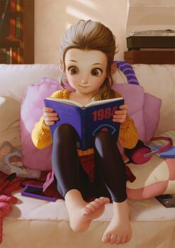 1984_(novel) 1girl alkemanubis barefoot book bookshelf brown_eyes brown_hair controller couch facing_viewer feet forehead hair_over_shoulder headphones highres indoors leggings long_hair open_book original phonograph remote_control sitting skirt soles solo toes