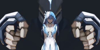 1girl blue_hair blue_veil breasts closed_mouth commentary dark_background dress hair_between_eyes highres long_hair looking_at_viewer medium_breasts paperpillar purple_eyes shorekeeper_(wuthering_waves) two-tone_veil veil white_dress white_veil wuthering_waves