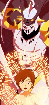 1boy armor armpits bare_shoulders biomerge brown_eyes brown_hair cape child collarbone completely_nude digimon digimon_tamers dukemon energy epic facing_viewer fighting_pose floating_hair height_difference highres looking_at_viewer male_focus matrix_evolution matsuda_takato neck nude open_mouth polearm short_hair spear unworn_clothes upper_body weapon yellow_eyes