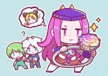 2boys 2girls belt blonde_hair blue_background blue_eyes braid braided_bun chibi chibi_only double_bun fake_horns fishnet_top fishnets foo_fighters_(jojo) full_body gem green_eyes green_hair hair_bun hat highres holding holding_gem holding_jewelry holding_ring horned_headwear horns jewelry jojo_no_kimyou_na_bouken kasasagi_(hinagi) kuujou_jolyne long_hair multicolored_hair multiple_boys multiple_girls narciso_anasui outline overalls oversized_object pink_eyes pink_hair pointing ring smile sparkle speech_bubble stone_ocean sweat thought_bubble waist_cape weather_report white_outline