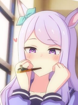 1boy 1girl animal_ears bow censored censored_identity collarbone ear_bow felleo105 food food_in_mouth hashtag-only_commentary heart heart-shaped_pupils horse_ears horse_girl indoors long_hair mejiro_mcqueen_(umamusume) mini_person miniboy mouth_hold pocky pocky_day purple_eyes purple_hair purple_serafuku purple_shirt sailor_collar sailor_shirt school_uniform serafuku shirt size_difference symbol-shaped_pupils tracen_school_uniform trainer_(umamusume) umamusume upper_body