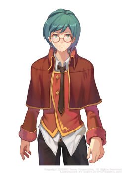 1boy aqua_eyes aqua_hair arms_at_sides belt belt_buckle black_necktie brown_belt buckle buttons caesty capelet closed_mouth collared_capelet collared_shirt commentary_request cowboy_shot dated_commentary dress_pants dress_shirt expressionless gold_buckle gold_buttons jacket korean_commentary legs_apart male_focus melvin_cousteau necktie nenyaffle_school_uniform nexon nose official_art production_art red-tinted_eyewear red_capelet red_jacket red_sleeves school_uniform shirt short_hair simple_background sleeve_cuffs standing tales_weaver tinted_eyewear white_background white_shirt yellow_trim