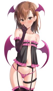 1girl asymmetrical_bangs bare_shoulders bat_hair_ornament bat_wings black_garter_belt black_gloves black_thighhighs blush breasts brown_eyes brown_hair commission demon_girl elbow_gloves embarrassed frilled_thighhighs frills garter_belt gloves gluteal_fold hair_between_eyes hair_ornament head_wings highres k3rd looking_at_viewer medium_hair misaka_mikoto navel o-ring panties purple_panties revealing_clothes skeb_commission small_breasts solo thighhighs toaru_kagaku_no_railgun toaru_majutsu_no_index underwear white_background wings