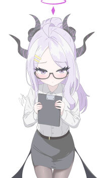 1girl absurdres alternate_costume bespectacled black-framed_eyewear black_pantyhose black_skirt blue_archive blush clipboard closed_mouth commentary glasses grey_eyes highres hina_(blue_archive) holding holding_clipboard long_hair long_sleeves looking_at_viewer pantyhose pencil_skirt runarie semi-rimless_eyewear shirt shirt_tucked_in signature simple_background skirt solo white_background white_hair white_shirt