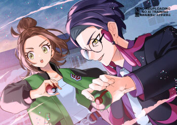 1boy 1girl :o black-framed_eyewear black_hair black_jacket brown_hair collared_shirt commentary_request corbeau_(pokemon) dusk_ball eyelashes glasses green_eyes green_jacket harmony_(pokemon) holding holding_poke_ball initial-o jacket necktie nintendo open_clothes open_jacket open_mouth poke_ball poke_ball_(basic) pokemon pokemon_legends:_z-a purple_shirt round_eyewear shirt short_hair teeth upper_teeth_only watermark white_necktie white_shirt