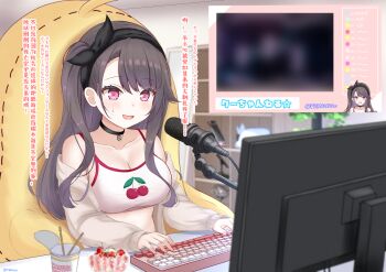 1girl :d absurdres azur_lane bare_shoulders black_choker black_hairband black_ribbon blush breasts brown_hair chat_log cherry_print choker cleavage clothes_pull commentary_request computer_keyboard crop_top food_print fruit_print hair_over_one_eye hair_ribbon hairband highres indoors jacket jacket_pull large_breasts livestream long_hair microphone microphone_stand monitor nervous_smile off_shoulder open_clothes open_jacket open_mouth paashe pamiat_merkuria_(azur_lane) pamiat_merkuria_(sweet_cherry_memories)_(azur_lane) pink_eyes ribbon side_ponytail sitting smile solo tank_top translation_request upper_body