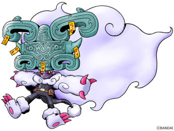 black_bodysuit bodysuit colored_skin digimon digimon_(creature) full_body grey_hair long_hair official_art ofuda purple_skin red_eyes sharp_teeth simple_background solo taotiemon teeth white_background