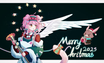 1girl absurdres animal_ears arknights aura bow box braid chinese_commentary christmas commentary_request creature flower fur-trimmed_sleeves fur_trim gift gift_box goldenglow_(arknights) goldenglow_(maiden_for_the_bright_night)_(arknights) green_hairband green_sleeves hair_bow hairband highres holding holding_instrument instrument layered_sleeves long_sleeves looking_to_the_side medium_hair merry_christmas naught_ix no_nose official_alternate_costume pink_bow pink_hair red_hairband solo star_(symbol) tail tail_bow tail_ornament white_flower white_wings wings yellow_eyes