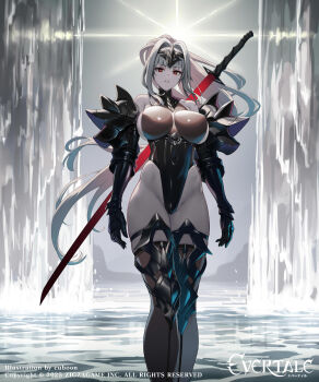 1girl armor armpit_crease bare_shoulders black_leotard black_thighhighs bracer breasts circlet copyright_name corruption couter cuboon cuisses evertale gauntlets gorget groin hair_intakes highleg highleg_leotard highres impossible_clothes impossible_leotard katana large_breasts leotard logo long_hair ludmilla_(evertale) official_alternate_costume official_alternate_eye_color official_alternate_hair_color official_alternate_skin_color official_art overcast pale_skin parted_lips pauldrons ponytail red_eyes revealing_clothes shoulder_armor sideboob sky solo splashing sun sword sword_on_back thighhighs thighs tsuba_(guard) tsuka_(handle) very_long_hair walking_towards_viewer water waterfall weapon weapon_on_back white_hair