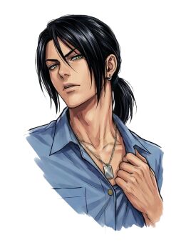 Rule 34 | 1boy, black hair, blue shirt, clothes grab, collar grab, collarbone, collared shirt, dog tail, earrings, final fantasy, final fantasy viii, green eyes, hair between eyes, hair tie, highres, jewelry, laguna loire, locke otaku, long hair, looking at viewer, low ponytail, male focus, neckwear grab, parted bangs, parted lips, ponytail, shirt, solo, tail, white background