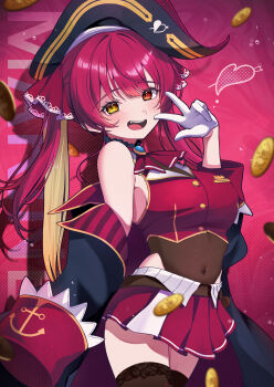 1girl absurdres black_coat black_hat black_leotard black_thighhighs blush breasts chameleon_(chameleon0613) character_name coat commentary cropped_jacket fang gloves hat heterochromia highres hololive houshou_marine houshou_marine_(1st_costume) jacket large_breasts leotard leotard_under_clothes pirate_hat red_background red_coat red_eyes red_hair red_jacket sleeveless sleeveless_jacket smile solo thighhighs two-sided_coat two-sided_fabric v virtual_youtuber white_gloves yellow_eyes