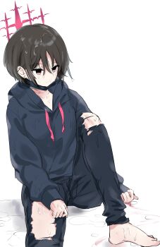 1girl absurdres black_jacket black_pants bleeding blood blue_archive brown_hair bruise bruise_on_neck candy_moon777 clenched_hand commentary crying crying_with_eyes_open distorted_halo ear_piercing empty_eyes expressionless hair_between_eyes highres hood hood_down injury jacket leg_up mask misaki_(blue_archive) mouth_mask pants piercing short_hair solo tears torn_clothes torn_pants wet wet_clothes wet_hair white_background